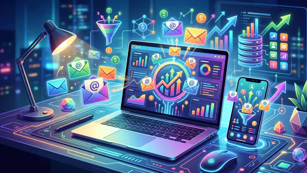 Colorful digital illustration of email marketing and audience growth showing laptops, smartphones, analytics dashboards, notifications, and glowing connection networks representing building an email list online.